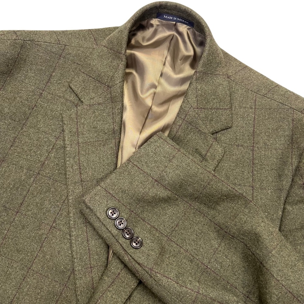Lands End Mens 46 R Windowpane Blazer Sport Coat Olive Green Tweed Herringbone